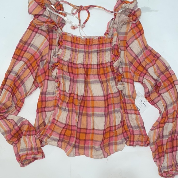 Free People NEW Colorful Paid Pull Over Ruffle Long Sleeve Size Medium - Picture 2 of 7